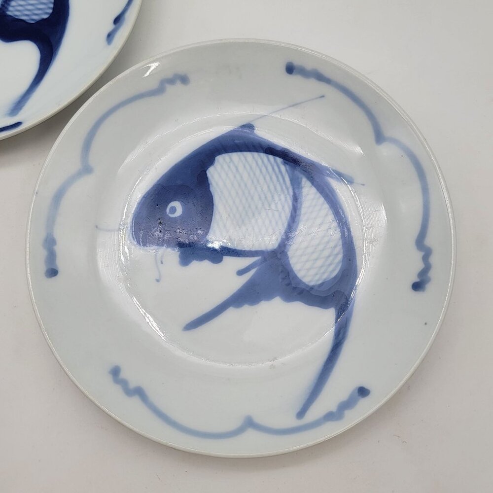 Blue & White Fish Porcelain Plates Set Of 2 - Picture 4 of 6